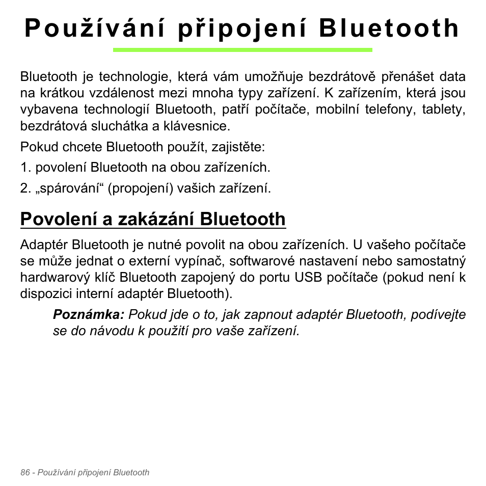 Používání připojení bluetooth, Povolení a zakázání bluetooth | Acer Aspire V5-571PG User Manual | Page 1808 / 3604