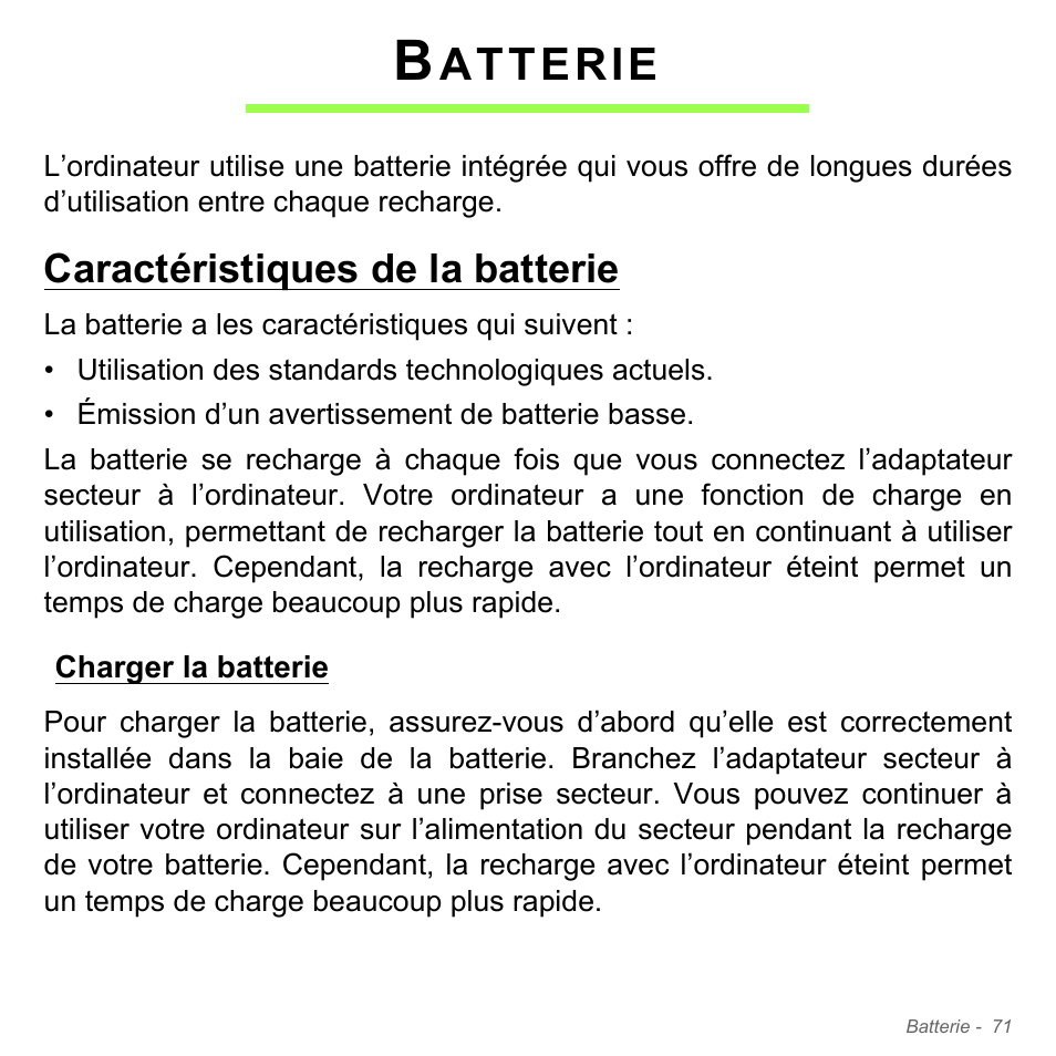 Batterie, Caractéristiques de la batterie, Charger la batterie | Atterie | Acer Aspire V5-571PG User Manual | Page 185 / 3604