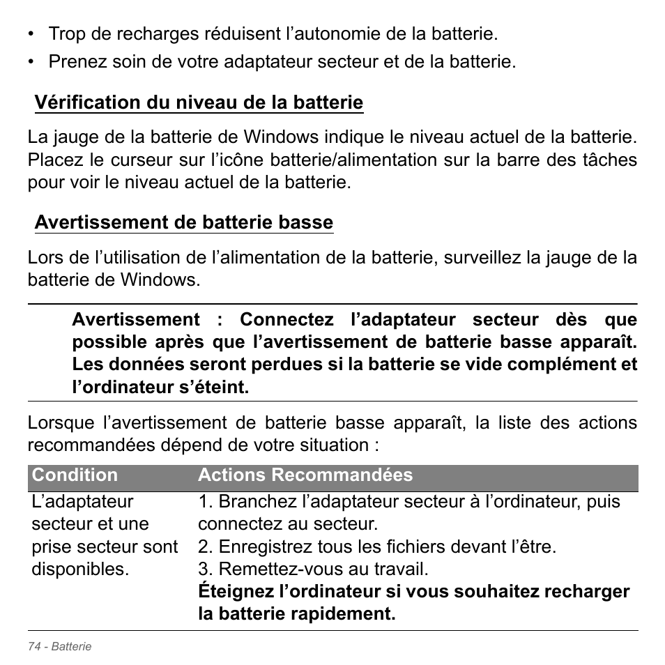 Vérification du niveau de la batterie, Avertissement de batterie basse | Acer Aspire V5-571PG User Manual | Page 188 / 3604