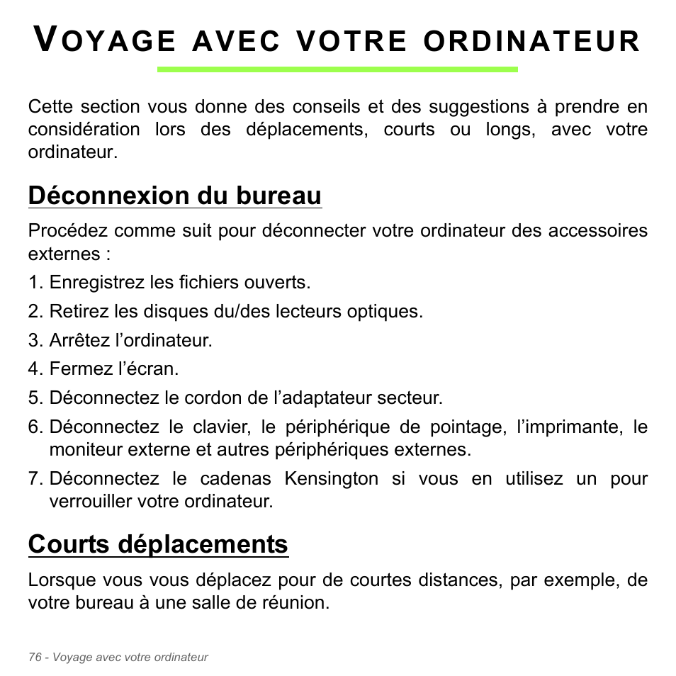 Voyage avec votre ordinateur, Déconnexion du bureau, Courts déplacements | Oyage, Avec, Votre, Ordinateur | Acer Aspire V5-571PG User Manual | Page 190 / 3604