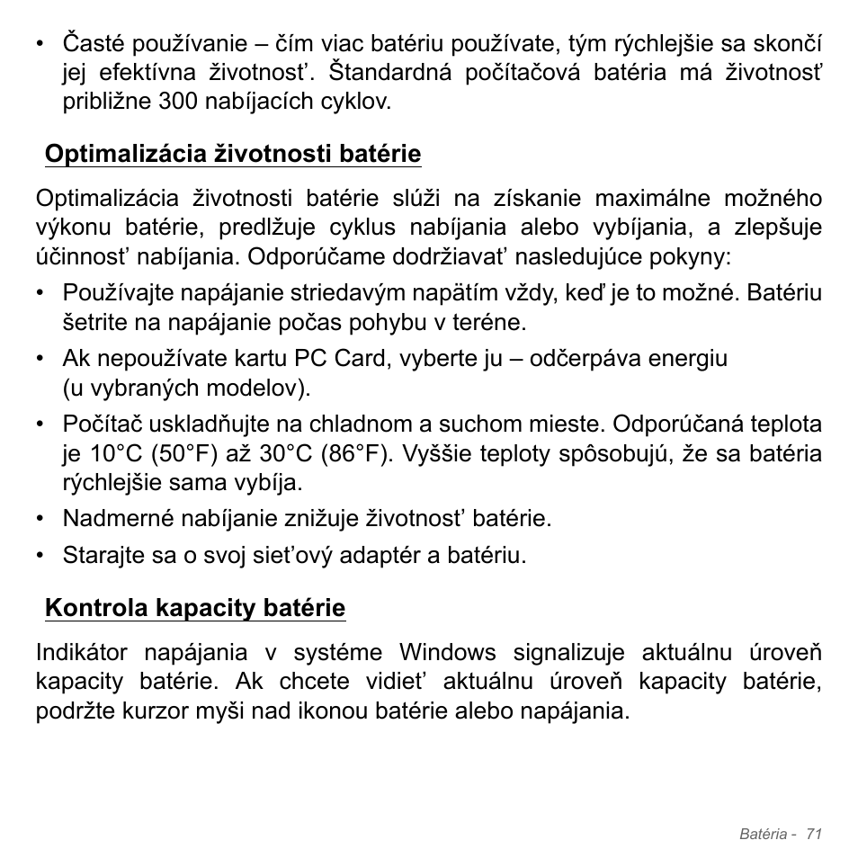 Optimalizácia životnosti batérie, Kontrola kapacity batérie | Acer Aspire V5-571PG User Manual | Page 1911 / 3604