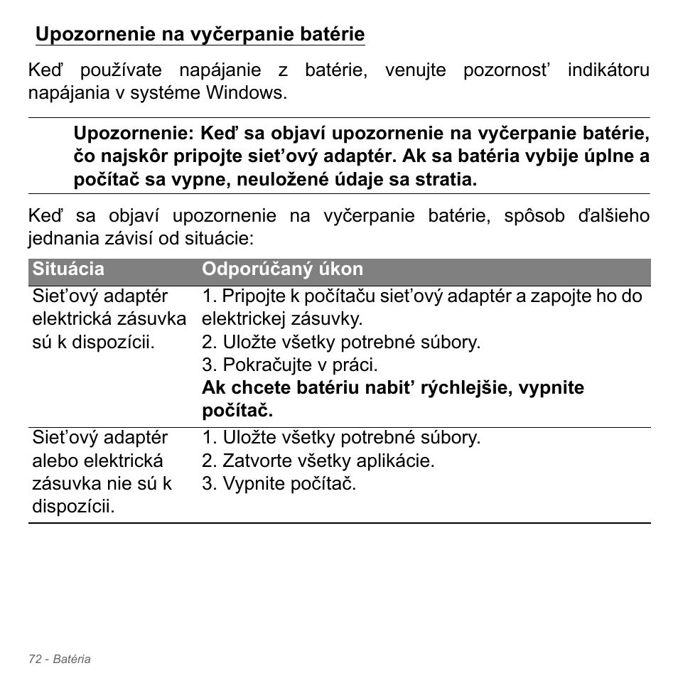 Upozornenie na vyčerpanie batérie | Acer Aspire V5-571PG User Manual | Page 1912 / 3604