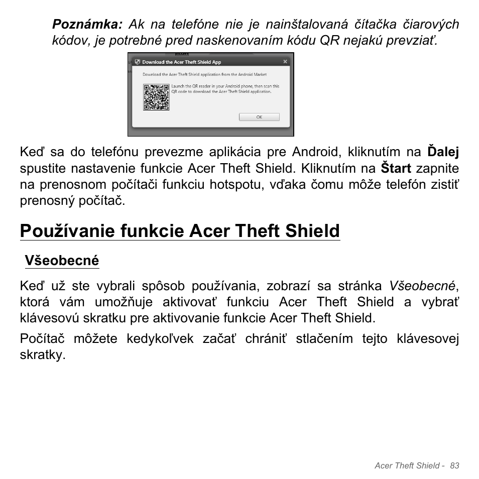 Používanie funkcie acer theft shield, Všeobecné | Acer Aspire V5-571PG User Manual | Page 1923 / 3604