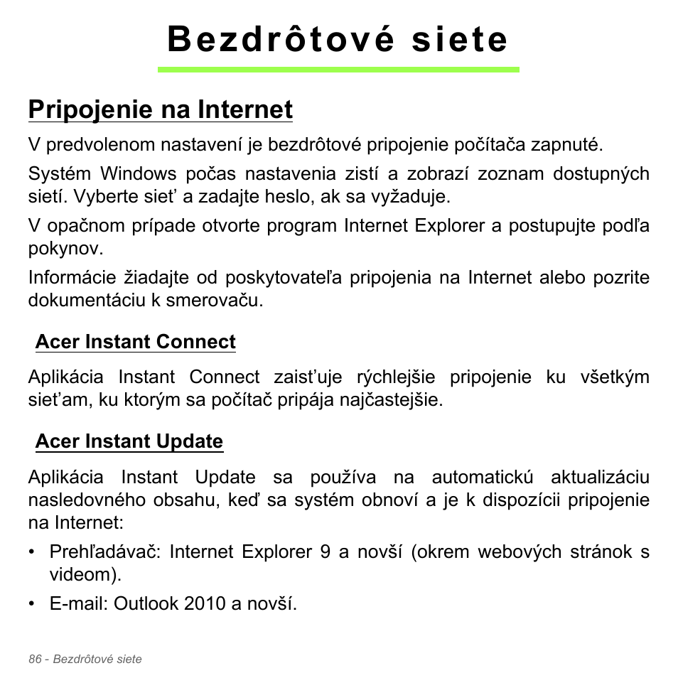 Bezdrôtové siete, Pripojenie na internet, Acer instant connect | Acer instant update, Acer instant connect acer instant update | Acer Aspire V5-571PG User Manual | Page 1926 / 3604