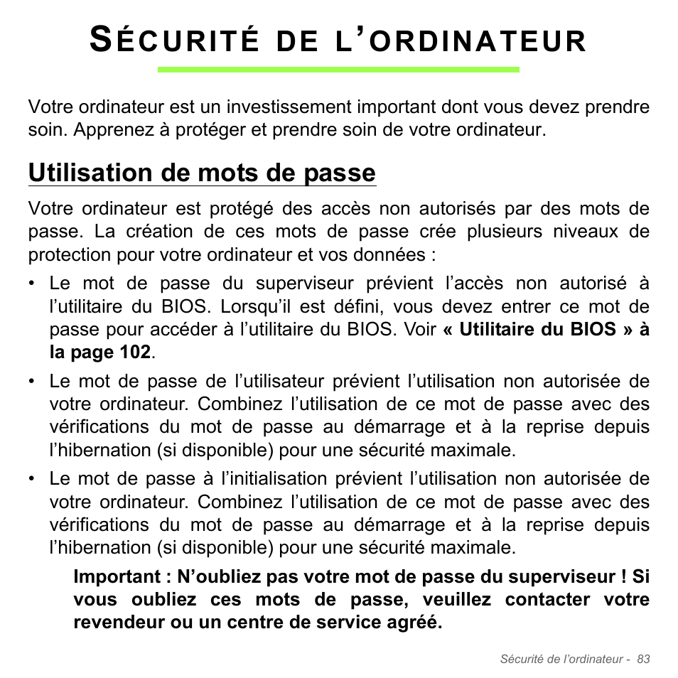 Sécurité de l’ordinateur, Utilisation de mots de passe, Écurité | Ordinateur | Acer Aspire V5-571PG User Manual | Page 197 / 3604