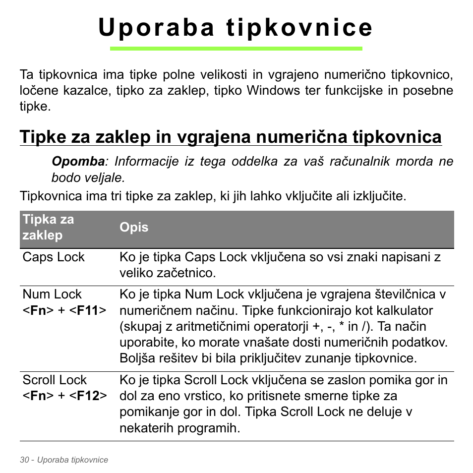 Uporaba tipkovnice, Tipke za zaklep in vgrajena numerična tipkovnica | Acer Aspire V5-571PG User Manual | Page 1990 / 3604