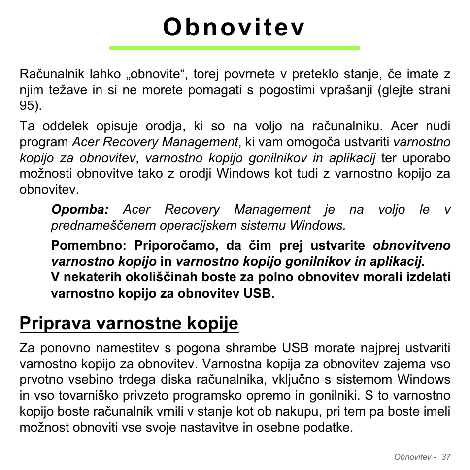 Obnovitev, Priprava varnostne kopije | Acer Aspire V5-571PG User Manual | Page 1997 / 3604