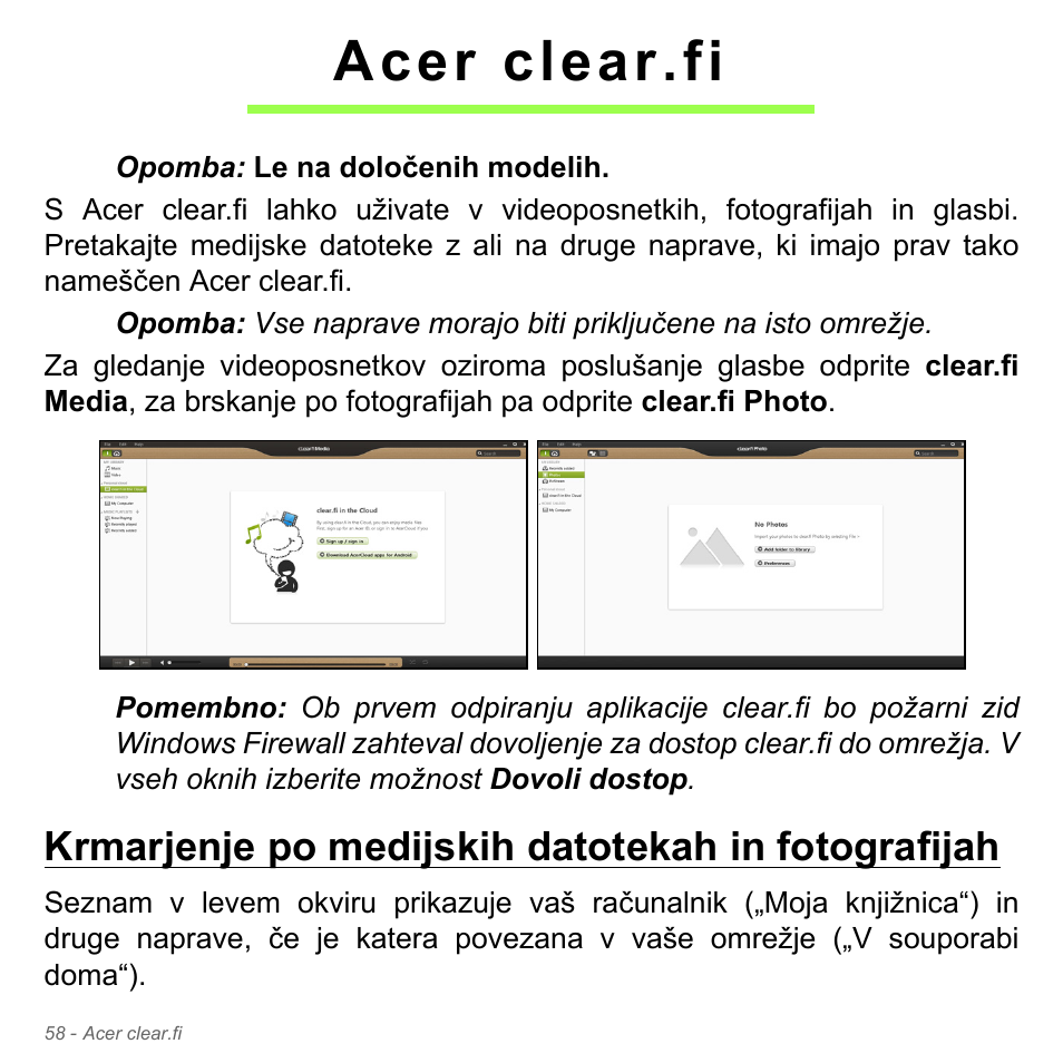 Acer clear.fi, Krmarjenje po medijskih datotekah in fotografijah | Acer Aspire V5-571PG User Manual | Page 2018 / 3604