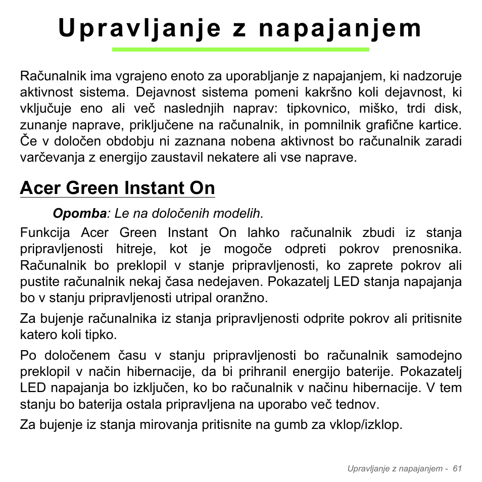 Upravljanje z napajanjem, Acer green instant on | Acer Aspire V5-571PG User Manual | Page 2021 / 3604