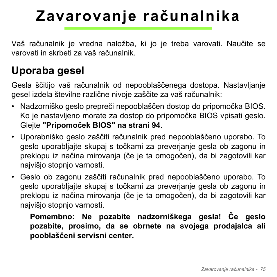 Zavarovanje računalnika, Uporaba gesel | Acer Aspire V5-571PG User Manual | Page 2035 / 3604