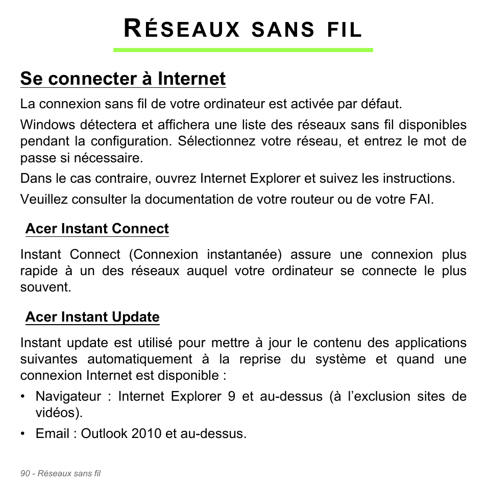 Réseaux sans fil, Se connecter à internet, Acer instant connect | Acer instant update, Éseaux, Sans | Acer Aspire V5-571PG User Manual | Page 204 / 3604