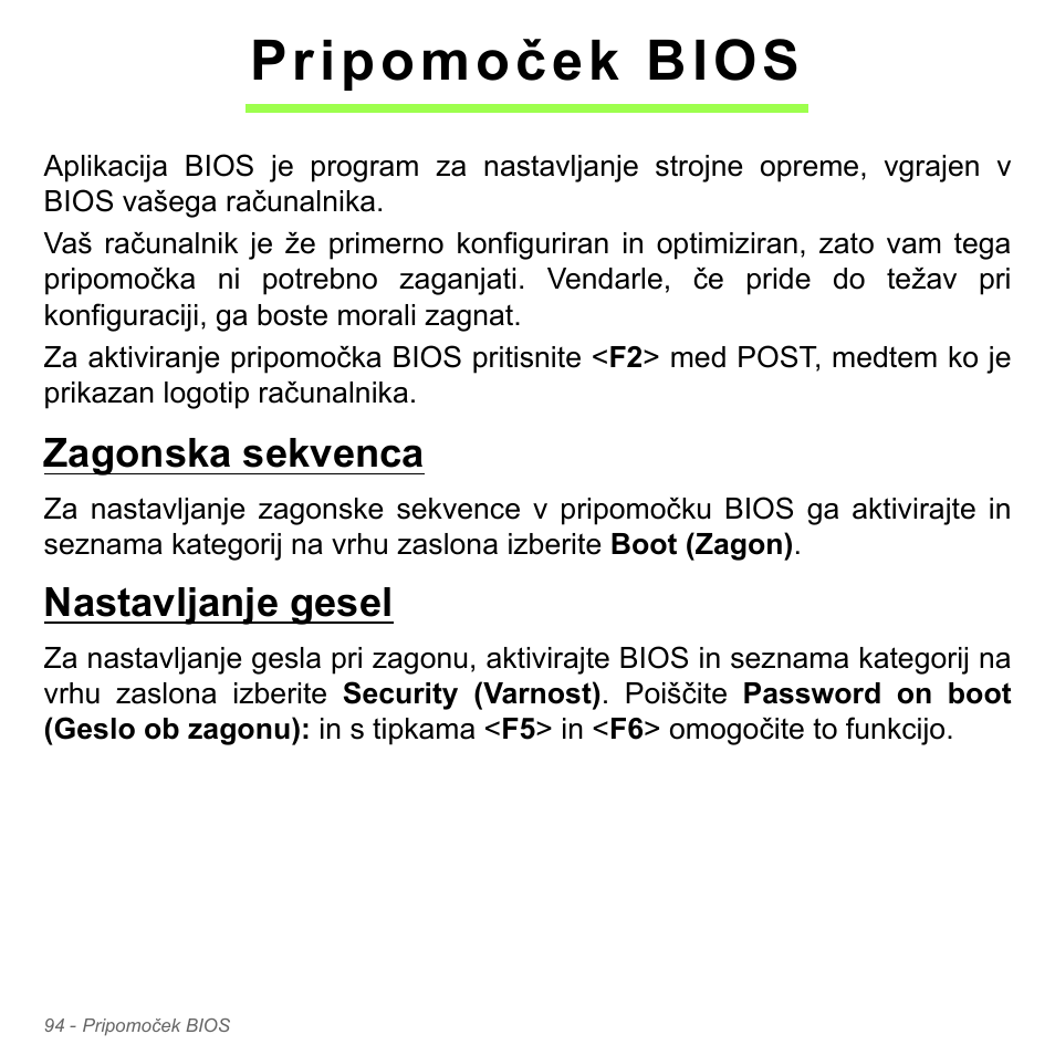 Pripomoček bios, Zagonska sekvenca, Nastavljanje gesel | Zagonska sekvenca nastavljanje gesel | Acer Aspire V5-571PG User Manual | Page 2054 / 3604