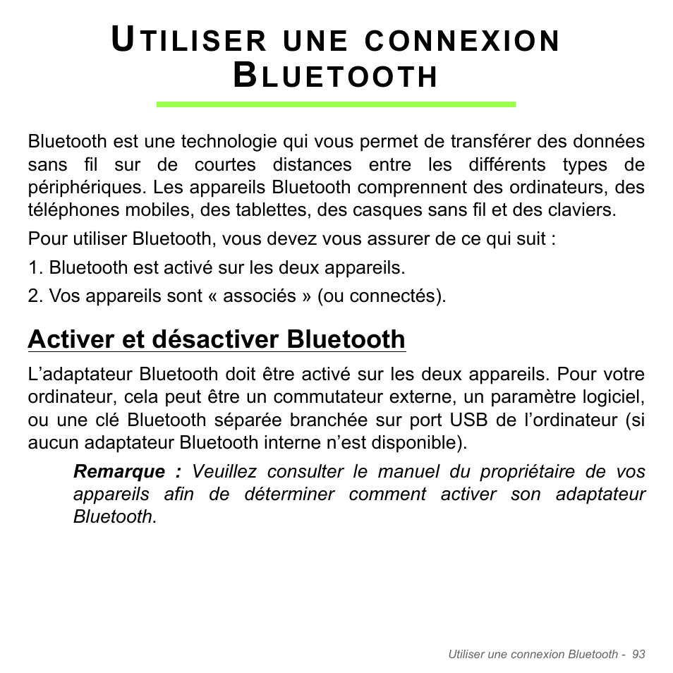 Utiliser une connexion bluetooth, Activer et désactiver bluetooth | Acer Aspire V5-571PG User Manual | Page 207 / 3604