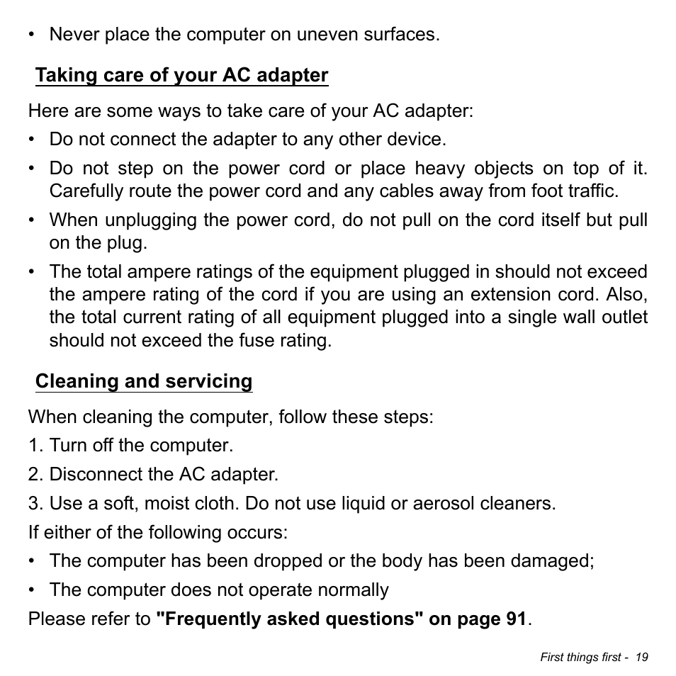 Taking care of your ac adapter, Cleaning and servicing | Acer Aspire V5-571PG User Manual | Page 21 / 3604