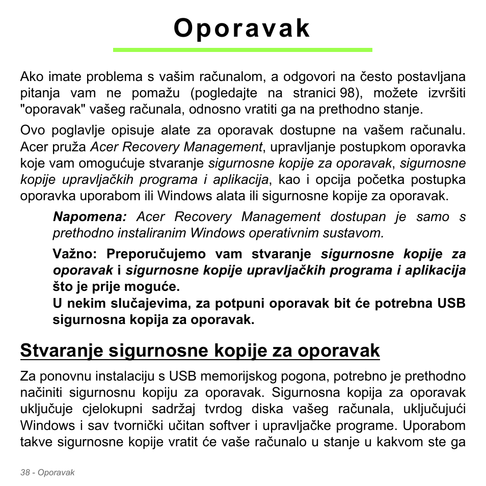 Oporavak, Stvaranje sigurnosne kopije za oporavak | Acer Aspire V5-571PG User Manual | Page 2114 / 3604