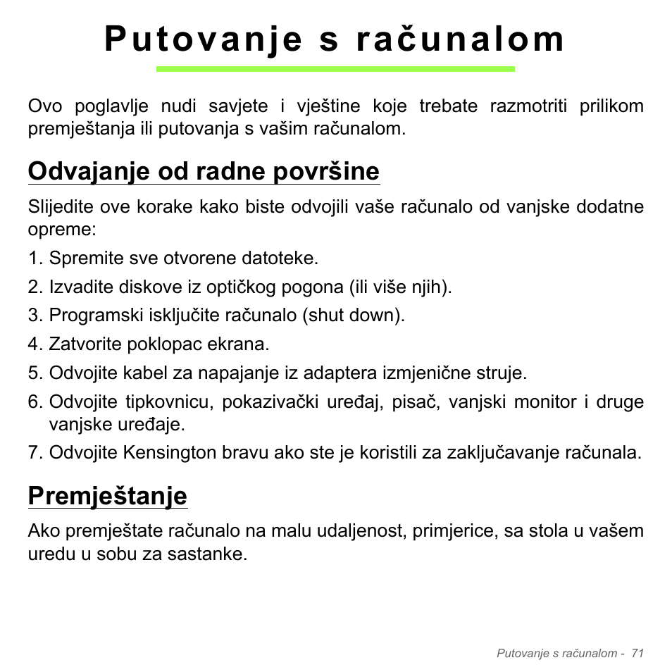 Putovanje s računalom, Odvajanje od radne površine, Premještanje | Odvajanje od radne površine premještanje | Acer Aspire V5-571PG User Manual | Page 2147 / 3604