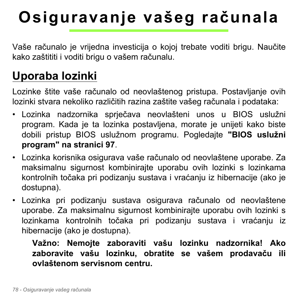 Osiguravanje vašeg računala, Uporaba lozinki | Acer Aspire V5-571PG User Manual | Page 2154 / 3604