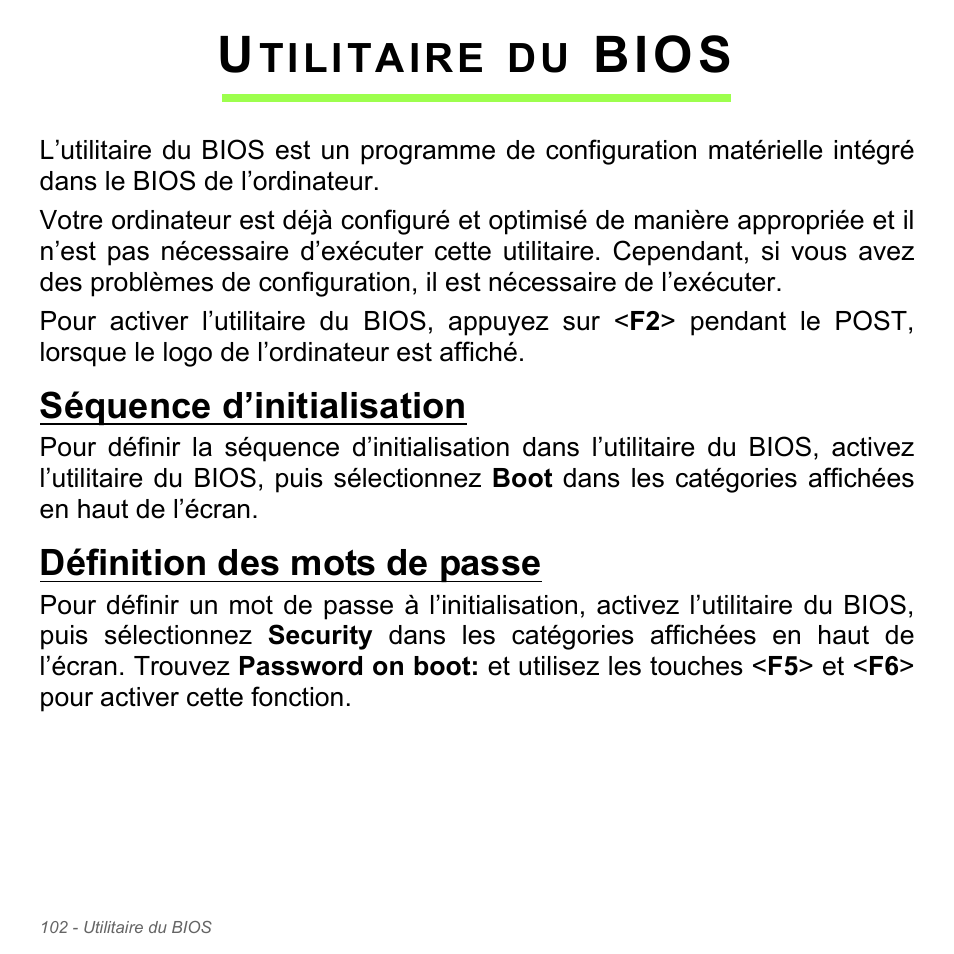 Utilitaire du bios, Séquence d’initialisation, Définition des mots de passe | Bios, Tilitaire | Acer Aspire V5-571PG User Manual | Page 216 / 3604