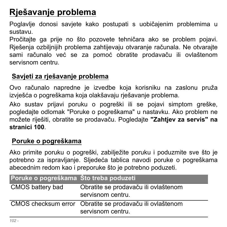 Rješavanje problema, Savjeti za rješavanje problema, Poruke o pogreškama | Savjeti za rješavanje problema poruke o pogreškama | Acer Aspire V5-571PG User Manual | Page 2178 / 3604