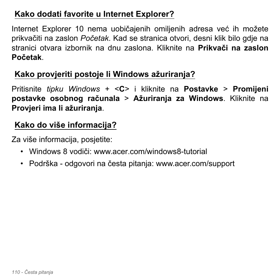Kako dodati favorite u internet explorer, Kako provjeriti postoje li windows ažuriranja, Kako do više informacija | Acer Aspire V5-571PG User Manual | Page 2186 / 3604