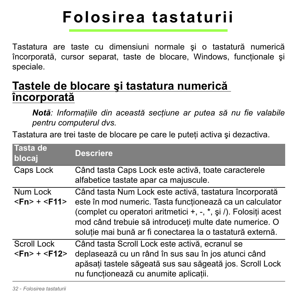 Folosirea tastaturii | Acer Aspire V5-571PG User Manual | Page 2228 / 3604
