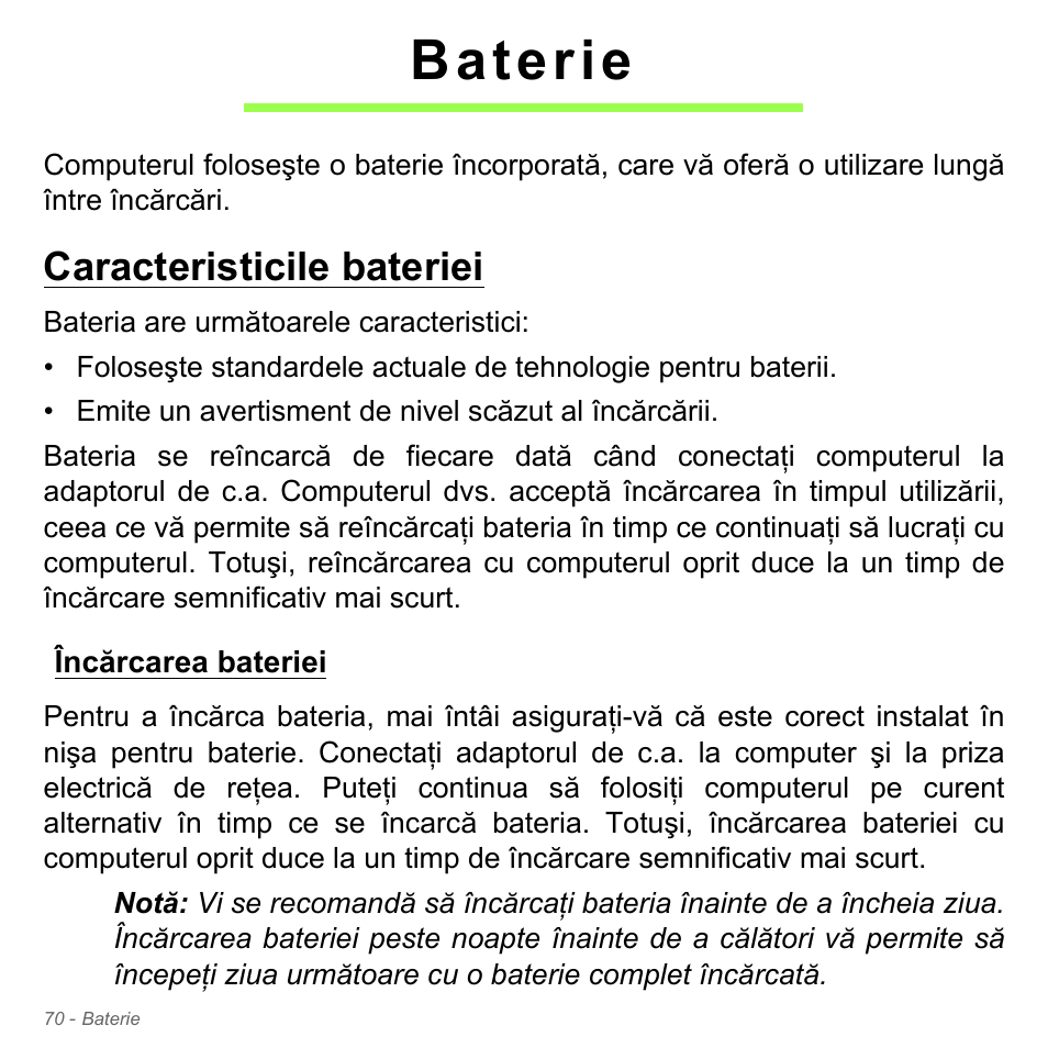 Baterie, Caracteristicile bateriei, Încărcarea bateriei | Acer Aspire V5-571PG User Manual | Page 2266 / 3604
