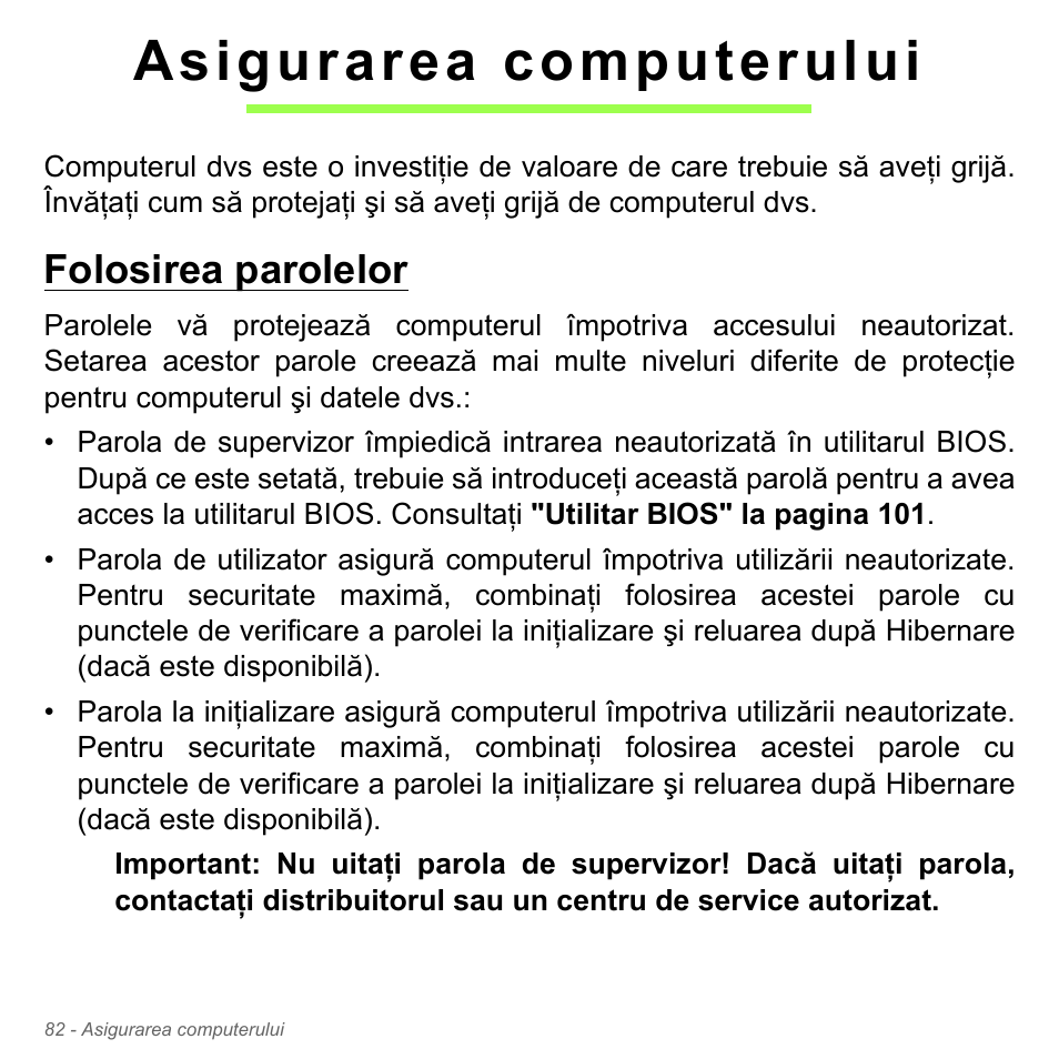 Asigurarea computerului, Folosirea parolelor | Acer Aspire V5-571PG User Manual | Page 2278 / 3604