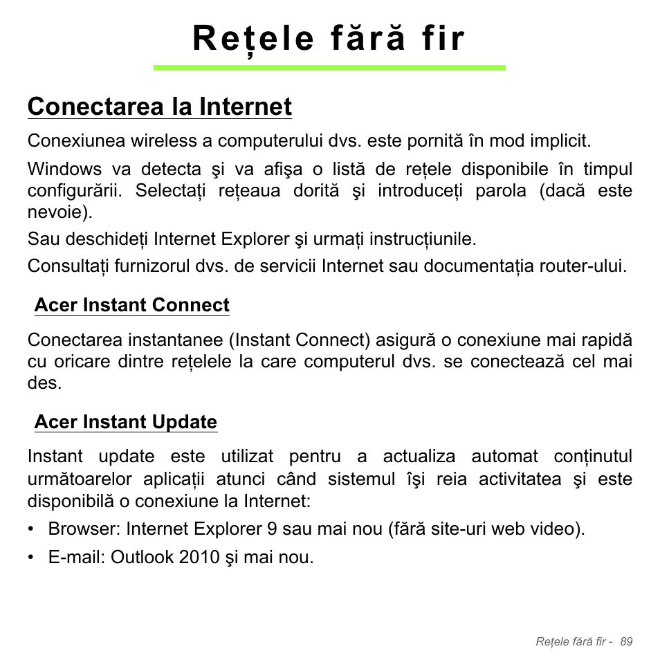 Reţele fără fir, Conectarea la internet, Acer instant connect | Acer instant update, Acer instant connect acer instant update | Acer Aspire V5-571PG User Manual | Page 2285 / 3604