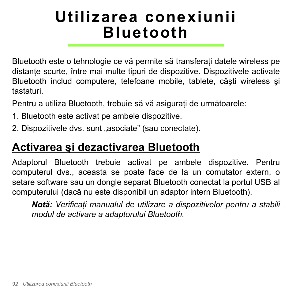 Utilizarea conexiunii bluetooth, Activarea şi dezactivarea bluetooth | Acer Aspire V5-571PG User Manual | Page 2288 / 3604