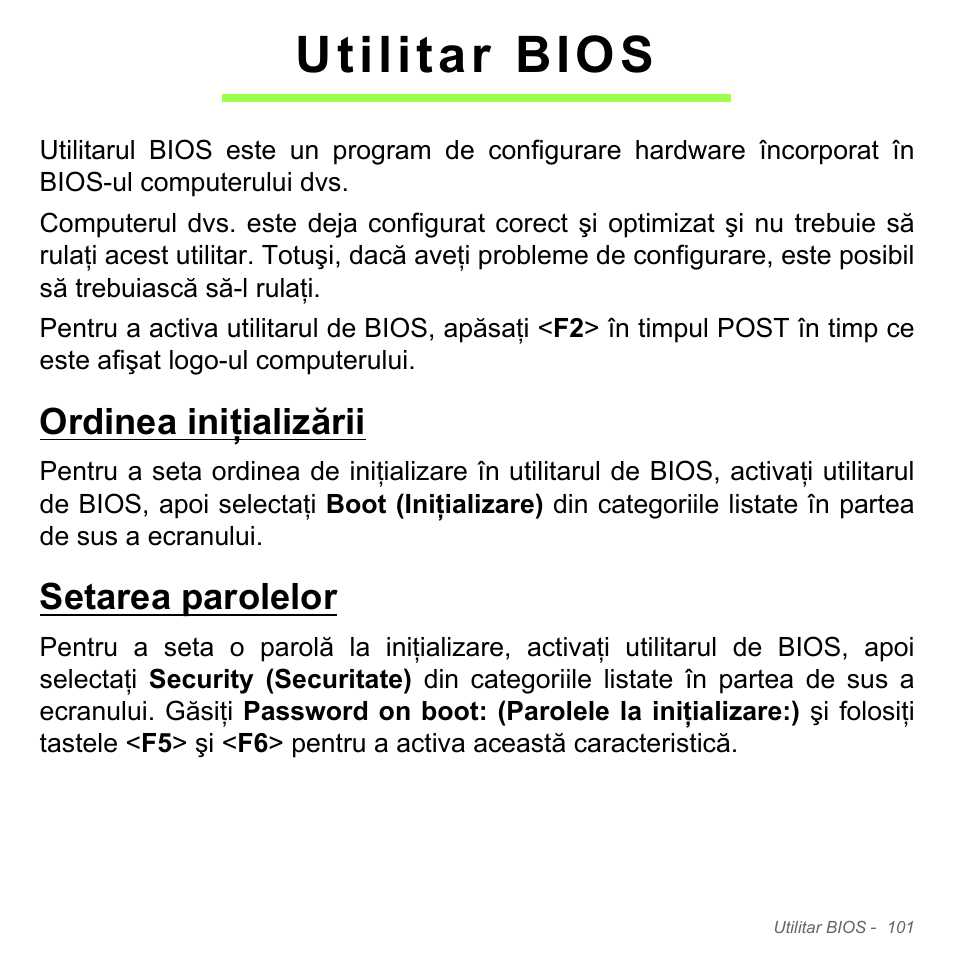 Utilitar bios, Ordinea iniţializării, Setarea parolelor | Ordinea iniţializării setarea parolelor | Acer Aspire V5-571PG User Manual | Page 2297 / 3604