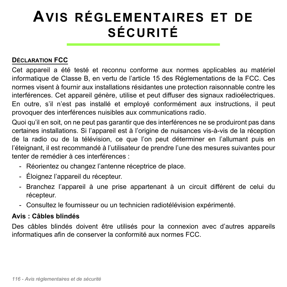 Avis réglementaires et de sécurité, Avis réglementaires et de sécurité 116, Réglementaires | Sécurité | Acer Aspire V5-571PG User Manual | Page 230 / 3604