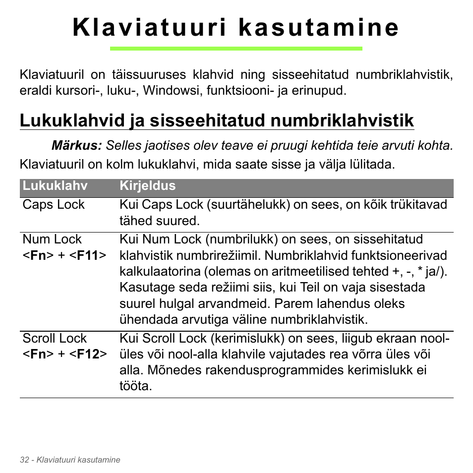 Klaviatuuri kasutamine, Lukuklahvid ja sisseehitatud numbriklahvistik | Acer Aspire V5-571PG User Manual | Page 2482 / 3604