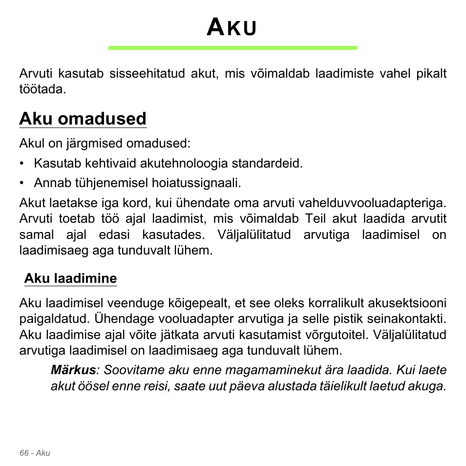 Aku omadused, Aku laadimine | Acer Aspire V5-571PG User Manual | Page 2516 / 3604