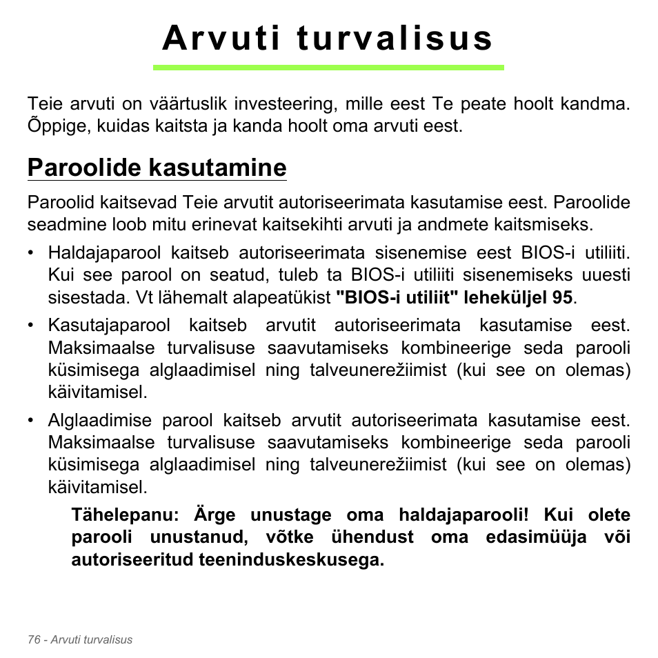 Arvuti turvalisus, Paroolide kasutamine | Acer Aspire V5-571PG User Manual | Page 2526 / 3604
