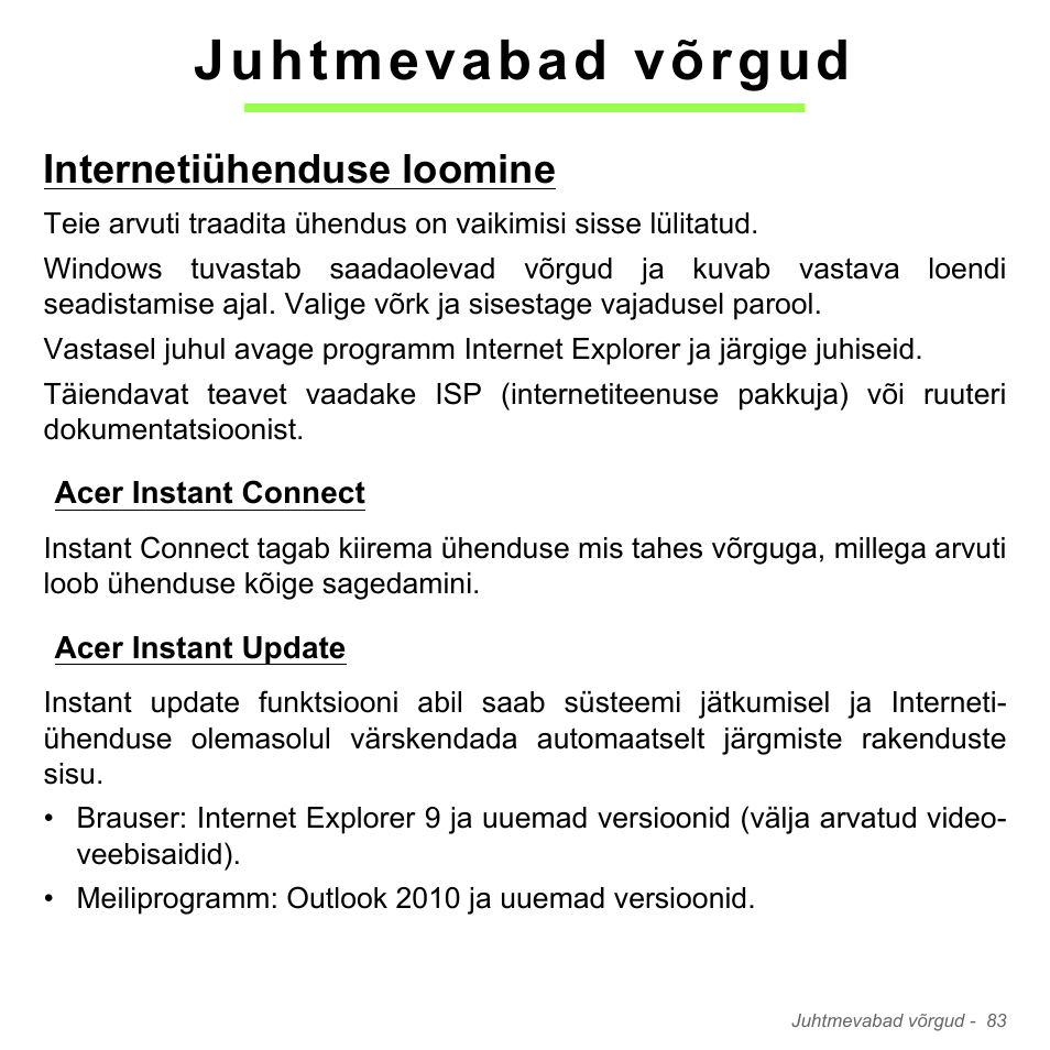 Juhtmevabad võrgud, Internetiühenduse loomine, Acer instant connect | Acer instant update, Acer instant connect acer instant update | Acer Aspire V5-571PG User Manual | Page 2533 / 3604