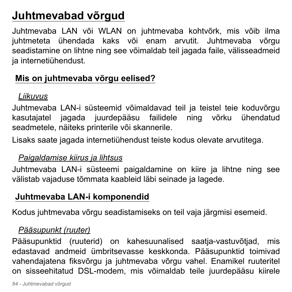 Juhtmevabad võrgud, Mis on juhtmevaba võrgu eelised, Juhtmevaba lan-i komponendid | Acer Aspire V5-571PG User Manual | Page 2534 / 3604