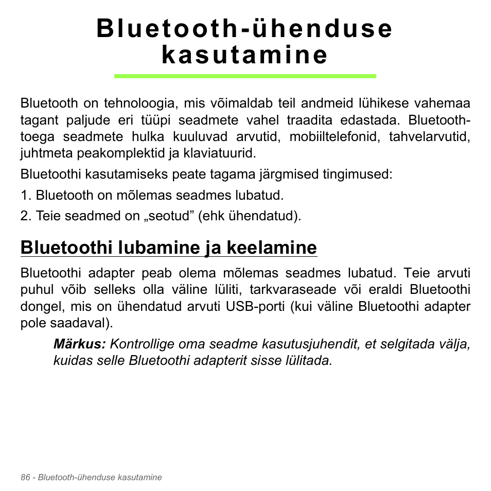 Bluetooth-ühenduse kasutamine, Bluetoothi lubamine ja keelamine | Acer Aspire V5-571PG User Manual | Page 2536 / 3604