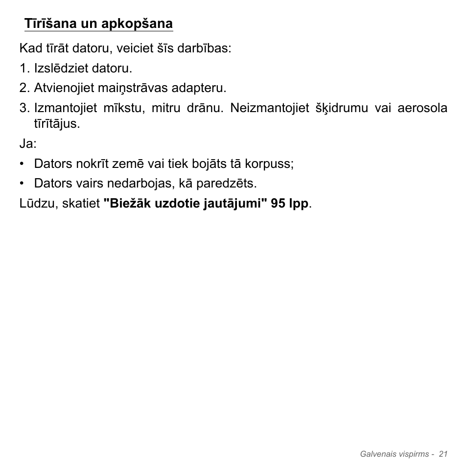 Tīrīšana un apkopšana | Acer Aspire V5-571PG User Manual | Page 2587 / 3604