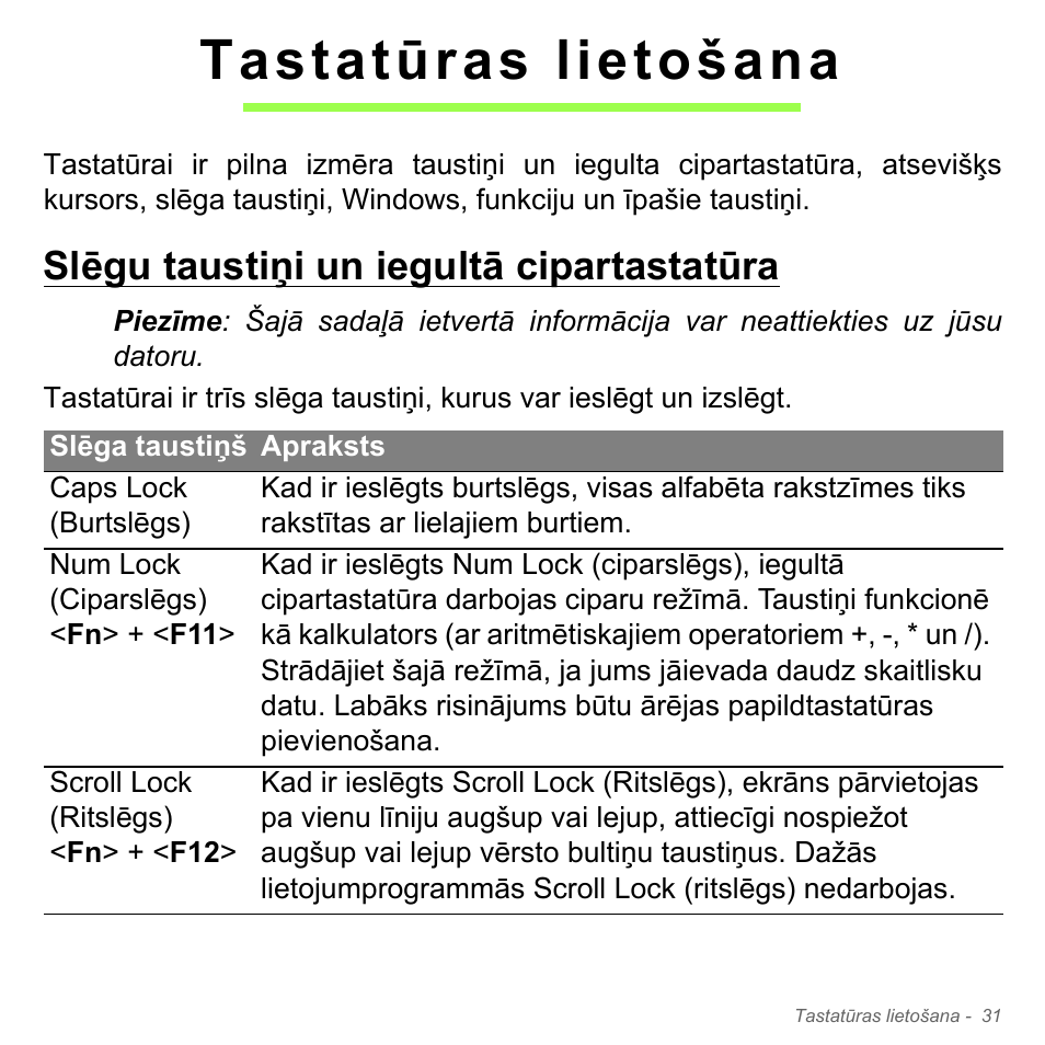 Tastatūras lietošana, Slēgu taustiņi un iegultā cipartastatūra | Acer Aspire V5-571PG User Manual | Page 2597 / 3604