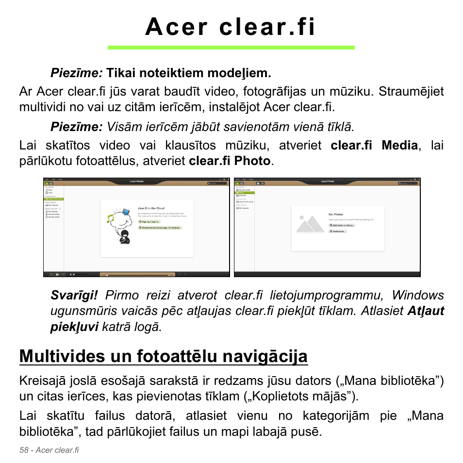 Acer clear.fi, Multivides un fotoattēlu navigācija | Acer Aspire V5-571PG User Manual | Page 2624 / 3604