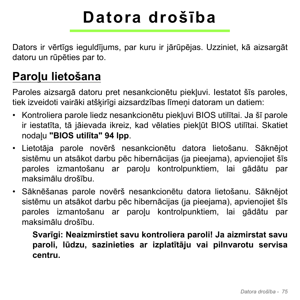 Datora drošība, Paroļu lietošana | Acer Aspire V5-571PG User Manual | Page 2641 / 3604