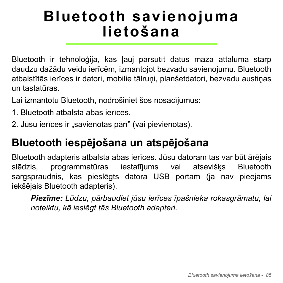Bluetooth savienojuma lietošana, Bluetooth iespējošana un atspējošana | Acer Aspire V5-571PG User Manual | Page 2651 / 3604