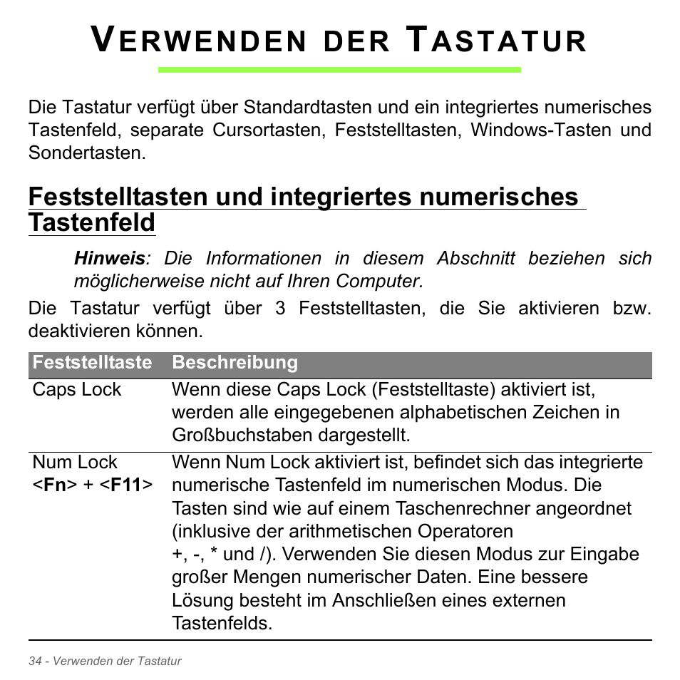 Verwenden der tastatur, Feststelltasten und integriertes numerisches, Tastenfeld | Erwenden, Astatur | Acer Aspire V5-571PG User Manual | Page 272 / 3604