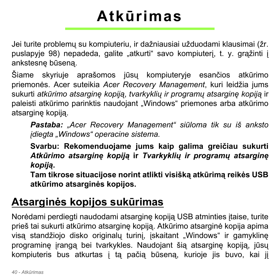 Atkūrimas, Atsarginės kopijos sukūrimas | Acer Aspire V5-571PG User Manual | Page 2722 / 3604