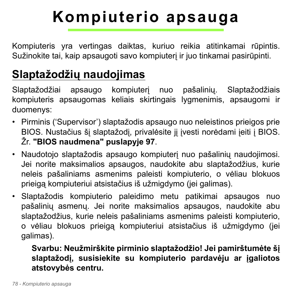 Kompiuterio apsauga, Slaptažodžių naudojimas | Acer Aspire V5-571PG User Manual | Page 2760 / 3604
