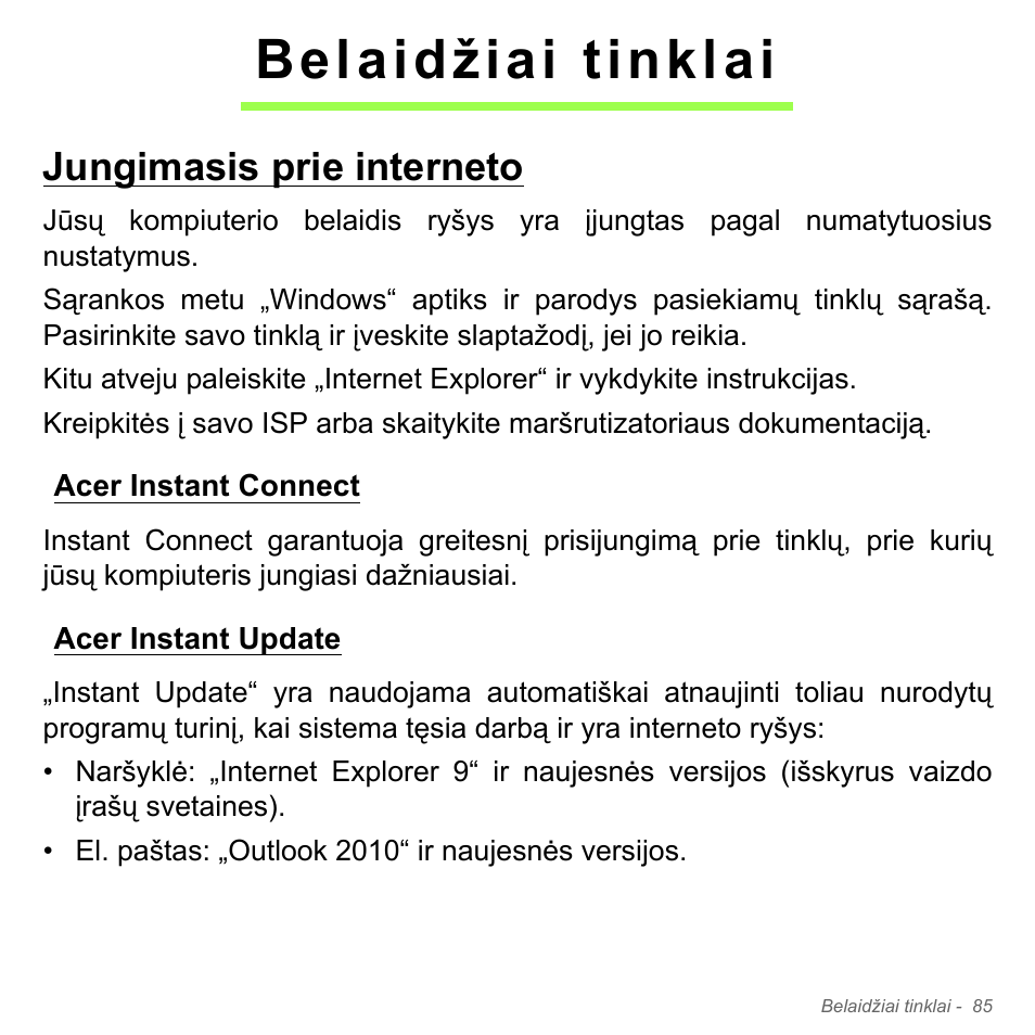Belaidžiai tinklai, Jungimasis prie interneto, Acer instant connect | Acer instant update, Acer instant connect acer instant update | Acer Aspire V5-571PG User Manual | Page 2767 / 3604