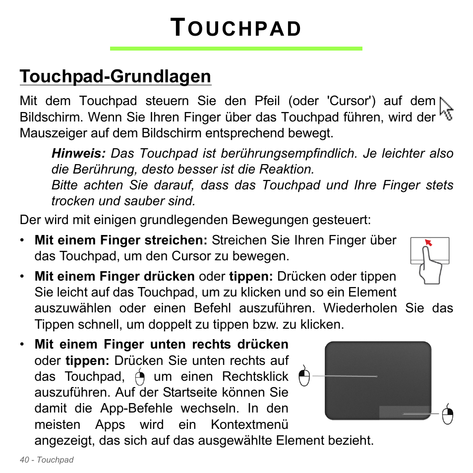 Touchpad, Touchpad-grundlagen, Ouchpad | Acer Aspire V5-571PG User Manual | Page 278 / 3604