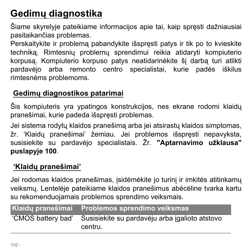 Gedimų diagnostika, Gedimų diagnostikos patarimai, Klaidų pranešimai | Gedimų diagnostikos patarimai ‘klaidų pranešimai | Acer Aspire V5-571PG User Manual | Page 2784 / 3604