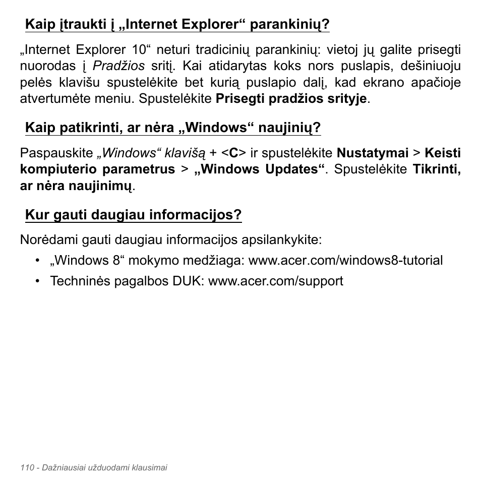 Kaip įtraukti į „internet explorer“ parankinių, Kaip patikrinti, ar nėra „windows“ naujinių, Kur gauti daugiau informacijos | Acer Aspire V5-571PG User Manual | Page 2792 / 3604