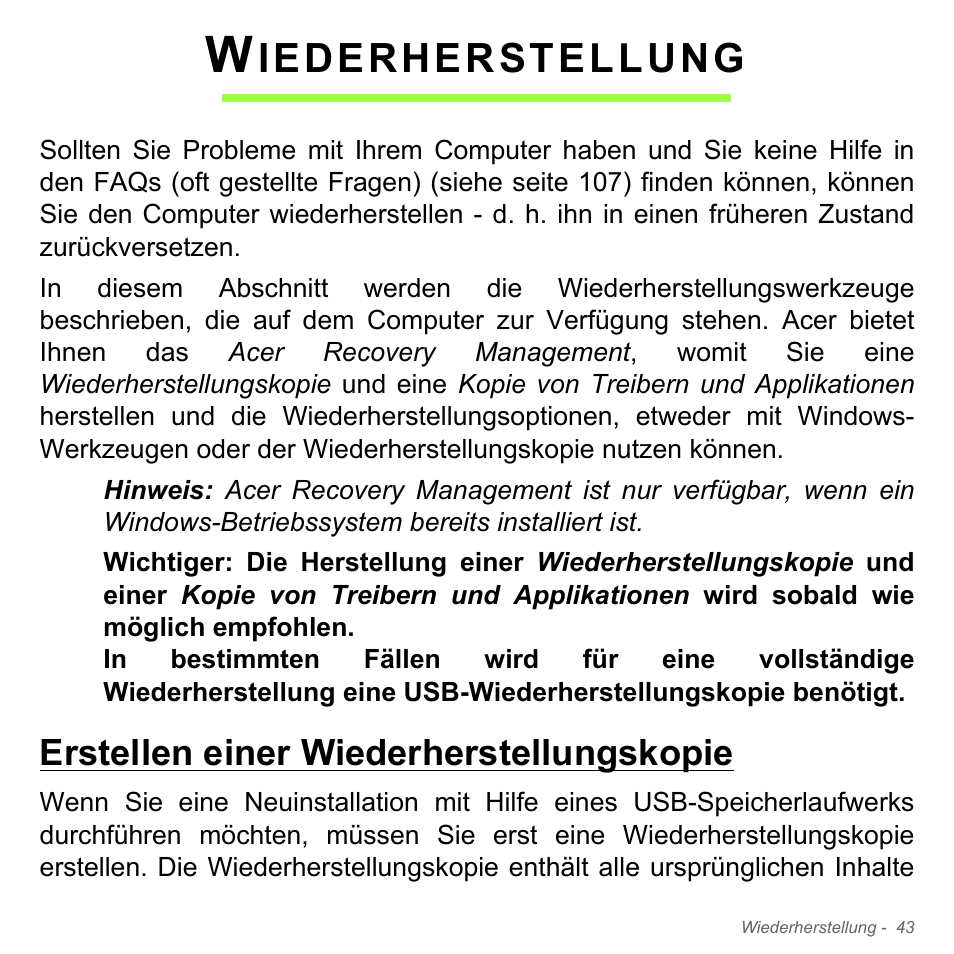 Wiederherstellung, Erstellen einer wiederherstellungskopie, Iederherstellung | Acer Aspire V5-571PG User Manual | Page 281 / 3604